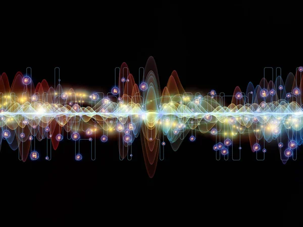波動関数のシリーズ 色正弦振動の配置 光とフラクタルの要素を音のイコライザーの主題の概念メタファーとして音楽のスペクトルと量子確率 — ストック写真