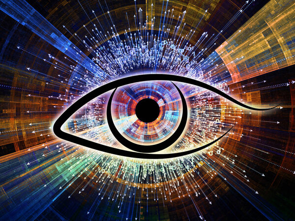 Eye of Knowledge series. Composition of eye icon and arrow burst suitable as a backdrop for the projects on  science, education and modern technology