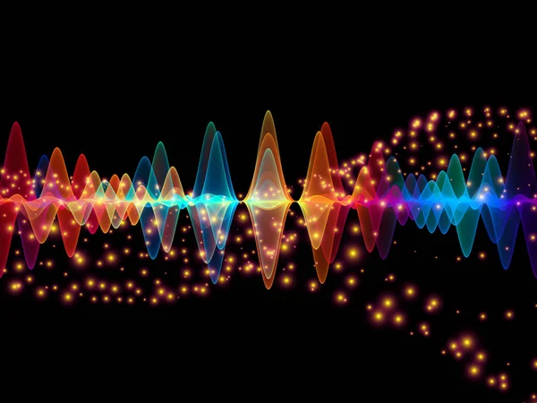 波動関数級数 音のイコライザー 音楽のスペクトルと量子確率の対象にメタファーとしての色のサイン振動 光とフラクタルの要素で構成されるデザイン — ストック写真