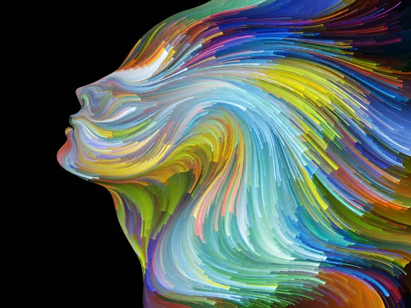 Yüz renk serisi. İnsan profili ve yaratıcılık, tasarım, iç dünya, içgüdü ve sanatsal ruh konusunda boya hareketli renkli çizgiler bileşimi