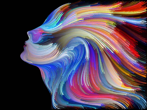 Yüz renk serisi. İnsan profili ve yaratıcılık, tasarım, iç dünya, içgüdü ve sanatsal ruh konusunda boya hareketli renkli çizgiler bileşimi