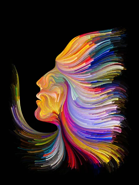 Yüz renk serisi. İnsan profili ve yaratıcılık, tasarım, iç dünya, içgüdü ve sanatsal ruh konusunda boya hareketli renkli çizgiler bileşimi