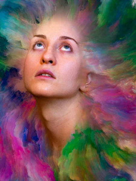 İç dış serisi. Mecazi ilişki duygular, duygular, iç dünya, yaratıcılık ve hayal gücü ile canlı boya ile kadın portre bileşimi erimiş