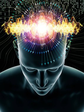 Zihin Dalgaları serisi. İnsan kafası ve teknoloji sembollerinin soyut düzenlenmesi bilinç, beyin, zeka ve yapay zeka projeleri için uygundur.