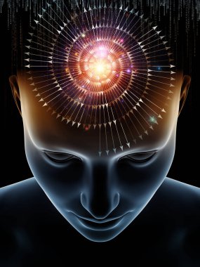 Dalgalar serisi için sorun. Bilinç, beyin, akıl ve yapay zeka için insan kafası ve teknoloji simgeler 3d çizimi yaratıcı düzenleme