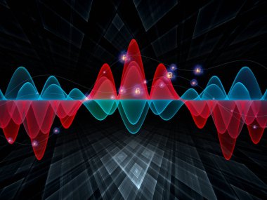 Dalga Fonksiyonu serisi. Ses eşitleyici, müzik spektrumu ve kuantum olasılığı üzerine tasarımınızı tamamlamak için renkli sinüs titreşimleri, ışık ve fraktal elementlerin arkaplanı