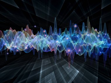 Dalga Fonksiyonu serisi. Ses eşitleyici, müzik spektrumu ve kuantum olasılığı üzerine tasarımınızı tamamlamak için renkli sinüs titreşimleri, ışık ve fraktal elementlerin arkaplanı