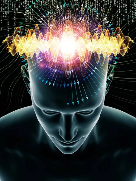 Zihin Dalgaları serisi. İnsan kafası ve teknoloji sembollerinin soyut düzenlenmesi bilinç, beyin, zeka ve yapay zeka projeleri için uygundur.