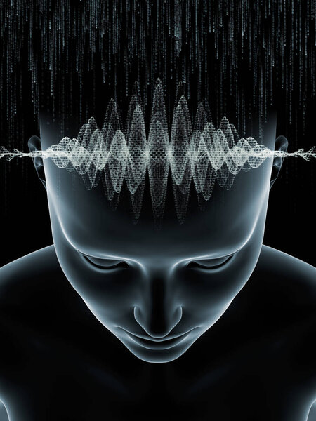 Серия Mind Waves. Взаимодействие трехмерной иллюстрации человеческой головы и технологических символов на тему сознания, мозга, интеллекта и искусственного интеллекта
