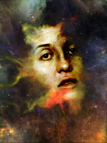 Will Universe Remember Us series. Interplay of woman's face, nebula and stars on the subject of Universe, Nature, human mind and imagination