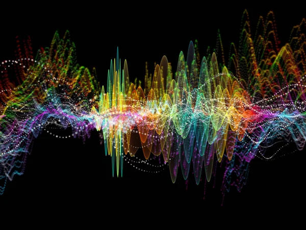 波動関数のシリーズ 色の正弦振動の相互作用 音のイコライザーをテーマに光とフラクタルの要素の音楽のスペクトルと量子確率 — ストック写真