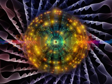 Dalga Fonksiyonu serisi. Ses eşitleyici, müzik spektrumu ve kuantum olasılığı üzerine renkli sinüs titreşimleri, ışık ve fraktal elementlerin arkaplanı