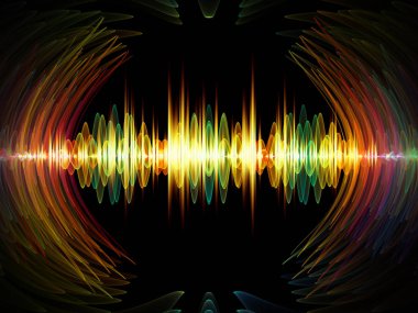 Dalga Fonksiyonu serisi. Ses eşitleyici, müzik spektrumu ve kuantum olasılığıyla ilgili projeler için arkaplan görevi görecek renkli sinüs titreşimleri, ışık ve fraktal elementlerden oluşan tasarım