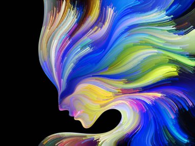 Yüz renk serisi. İnsan profili ve yaratıcılık, tasarım, iç dünya, içgüdü ve sanatsal ruh konusunda boya hareketli renkli çizgiler