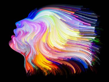 Yüz renk serisi. İnsan profili ve yaratıcılık, tasarım, iç dünya, içgüdü ve sanatsal ruh konusunda boya hareketli renkli çizgiler soyut tasarım yapılmış