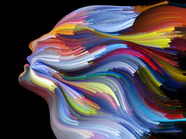 Yüz renk serisi. Arka plan tasarım insan profili ve yaratıcılık, tasarım, iç dünya, içgüdü ve sanatsal ruh konusunda boya hareketli renkli çizgiler