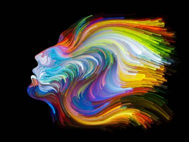 Yüz renk serisi. Arka plan tasarım insan profili ve yaratıcılık, tasarım, iç dünya, içgüdü ve sanatsal ruh konusunda boya hareketli renkli çizgiler