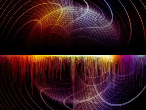 波動関数のシリーズ 音のイコライザーに比喩的意味関係の光とフラクタルの要素 色の正弦振動の組成音楽スペクトルと量子確率 — ストック写真