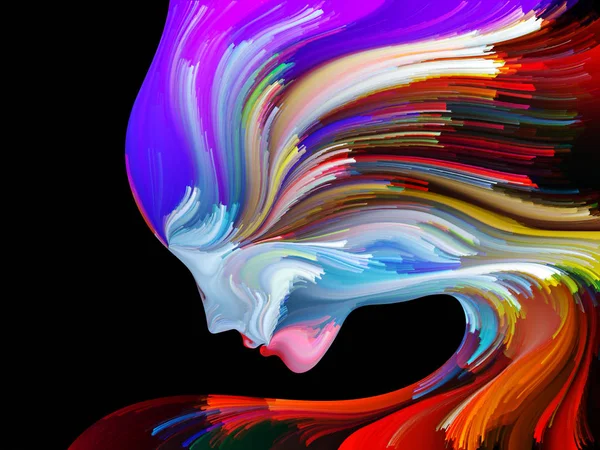 Yüz renk serisi. Zemin insan profili ve yaratıcılık, tasarım, iç dünya, içgüdü ve sanatsal ruh konusunda boya hareketli renkli çizgiler