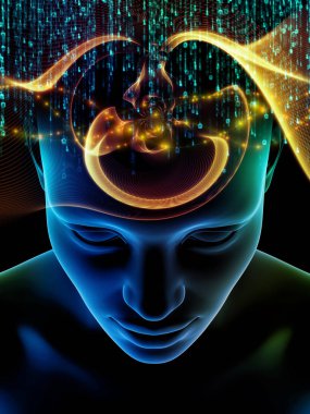 Zihin dizi elemanları. insan kafası ve sembolleri bilim, eğitim ve zihin gücü konusunda teknolojinin 3D çizimi