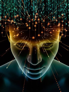 Zihin dizi elemanları. insan kafası ve sembolleri bilim, eğitim ve zihin gücü konusunda teknolojinin 3D çizimi