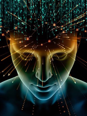 Zihin dizi elemanları. insan kafası ve sembolleri bilim, eğitim ve zihin gücü konusunda teknolojinin 3D çizimi