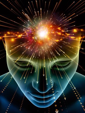 Zihin dizi elemanları. insan kafası ve sembolleri bilim, eğitim ve zihin gücü konusunda teknolojinin 3D çizimi