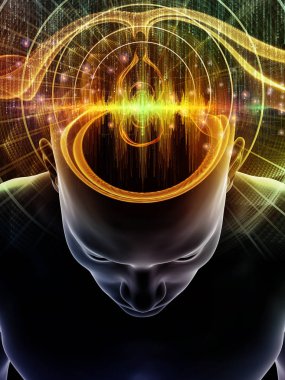 Dalgalar serisi için sorun. İnsan kafası ve bilinç, beyin, akıl ve yapay zeka konusunda teknoloji simgeler 3d çizimi düzenleme