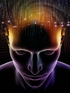 Dalgalar serisi için sorun. İnsan kafası ve bilinç, beyin, akıl ve yapay zeka konusunda teknoloji simgeler 3d çizimi etkileşimi