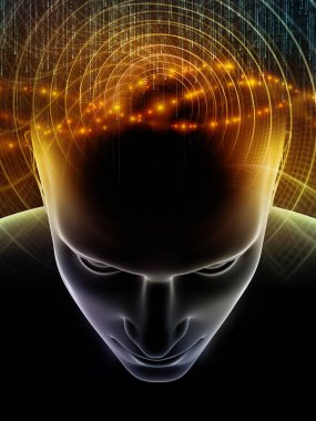 Dalgalar serisi için sorun. İnsan kafası ve teknoloji sembolleri uygun bir zemin olarak bilinç, beyin, akıl ve yapay zeka üzerinde projeler için 3d çizimi bileşimi