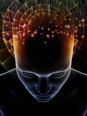Dalgalar serisi için sorun. İnsan kafası ve bilinç, beyin, akıl ve yapay zeka mecazi ilişkisi sembollerle teknoloji 3d çizimi bileşimi