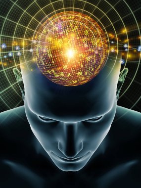 Dalgalar serisi için sorun. Arka plan kompozisyonu insan kafası ve bilinç, beyin, akıl ve yapay zeka konusunda teknoloji simgeler 3d çizimi