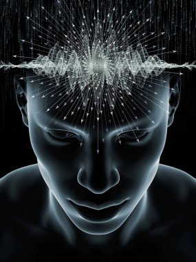 Mind Waves series. Visually attractive backdrop made of 3D illustration of human head and technology symbols suitable in layouts on consciousness, brain, intellect and artificial intelligence clipart