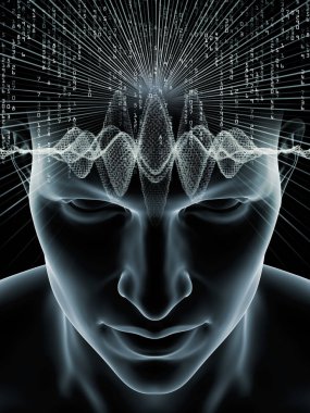 Dalgalar serisi için sorun. İnsan kafası ve bilinç, beyin, akıl ve yapay zeka konusunda teknoloji simgeler 3d çizimi düzenleme
