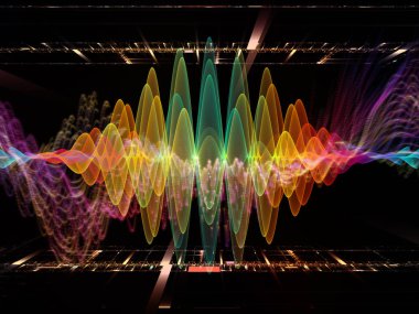 Dalga Fonksiyonu serisi. Ses eşitleyici, müzik spektrumu ve kuantum olasılığının metaforu olarak renkli sinüs titreşimleri, ışık ve fraktal elementlerden oluşan tasarım