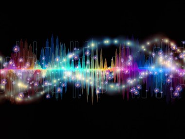 Dalga fonksiyonu serisi. Renkli sinüs titreşimlerin yaratıcı düzenleme, ışık ve fraktal elemanları kavramı mecaz ses ekolayzer, konuyla ilgili olarak müzik spektrum ve kuantum olasılık