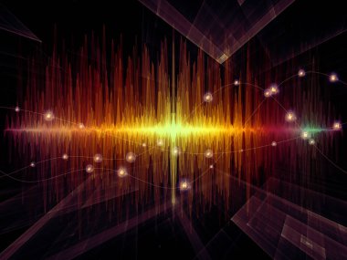 Dalga Fonksiyonu serisi. Ses eşitleyici, müzik spektrumu ve kuantum olasılığı üzerine tasarımınızı tamamlamak için renkli sinüs titreşimleri, ışık ve fraktal elementlerin arkaplanı