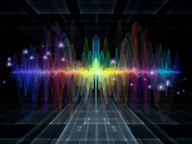 Dalga fonksiyonu serisi. Renkli sinüs titreşimler arka plan kompozisyon, ışık ve fraktal öğeleri ses ekolayzer, konu üzerinde müzik spektrum ve kuantum olasılık