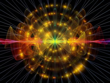 Dalga Fonksiyonu serisi. Ses eşitleyici, müzik spektrumu ve kuantum olasılığı üzerine renkli sinüs titreşimleri, ışık ve fraktal elementlerin arkaplanı