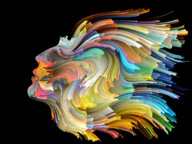 Yüz renk serisi. Görsel açıdan hoş insan profili bileşimi ve boya işleri yaratıcılık, tasarım, iç dünya, insan doğası ve sanatsal ruhu için hareketli renkli çizgiler