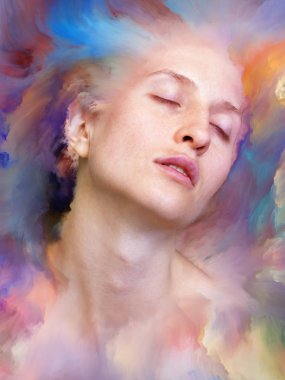 Dünya serisi. Duygular, duygular, iç dünya, yaratıcılık ve hayal gücü üzerine projeler için uygun bir zemin olarak canlı boyayla kaynaştırılmış kadın portresinin bileşimi