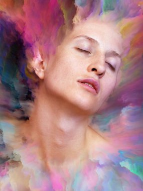 Dünya serisi. Kadın portresinin arka planı duygular, duygular, iç dünya, yaratıcılık ve hayal gücü üzerine canlı boyalar ile kaynaştırılmış.