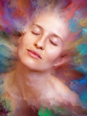 Onun Dünya serisi. Kadın portre canlı boya ile erimiş ve duygular, duygular, iç dünya, yaratıcılık ve hayal gücü projelerde kullanım için uygun zemin oluşur