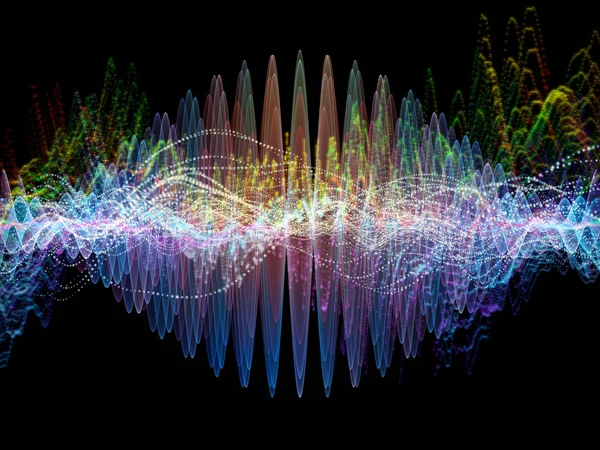 波函数系列 音频均衡器 音乐谱和量子概率作品的彩色正弦振动 光和分形元素的背景设计 — 图库照片