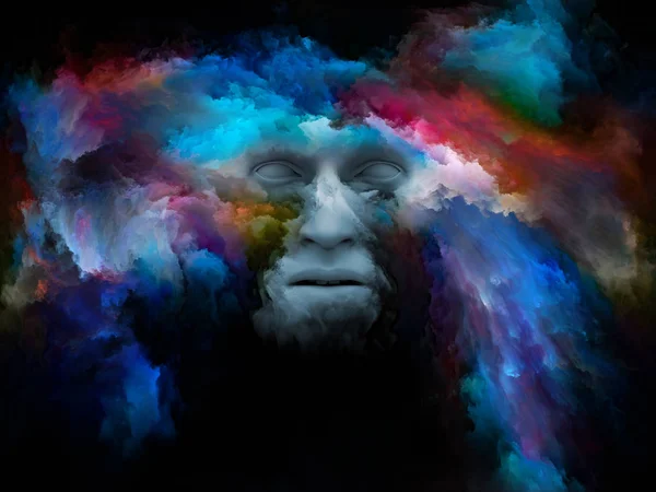 霧シリーズを気に 想像力 創造的な心の内的世界のプロジェクトの背景として適したフラクタル塗料で変身した人間の顔の レンダリングの組成 — ストック写真