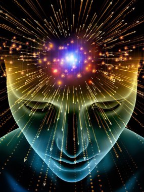 Zihin dizi elemanları. insan kafası ve sembolleri bilim, eğitim ve zihin gücü konusunda teknolojinin 3D çizimi