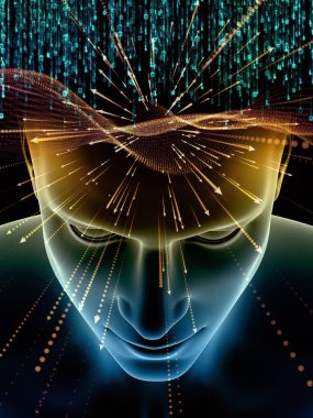 Zihin dizi elemanları. insan kafası ve sembolleri bilim, eğitim ve zihin gücü konusunda teknolojinin 3D çizimi