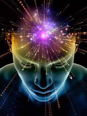 Zihin dizi elemanları. insan kafası ve sembolleri bilim, eğitim ve zihin gücü konusunda teknolojinin 3D çizimi