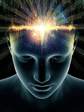 Dalgalar serisi için sorun. İnsan kafası ve bilinç, beyin, akıl ve yapay zeka konusunda teknoloji simgeler 3d çizimi düzenleme