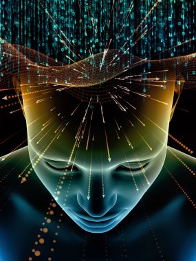 Zihin dizi elemanları. insan kafası ve sembolleri bilim, eğitim ve zihin gücü konusunda teknolojinin 3D çizimi